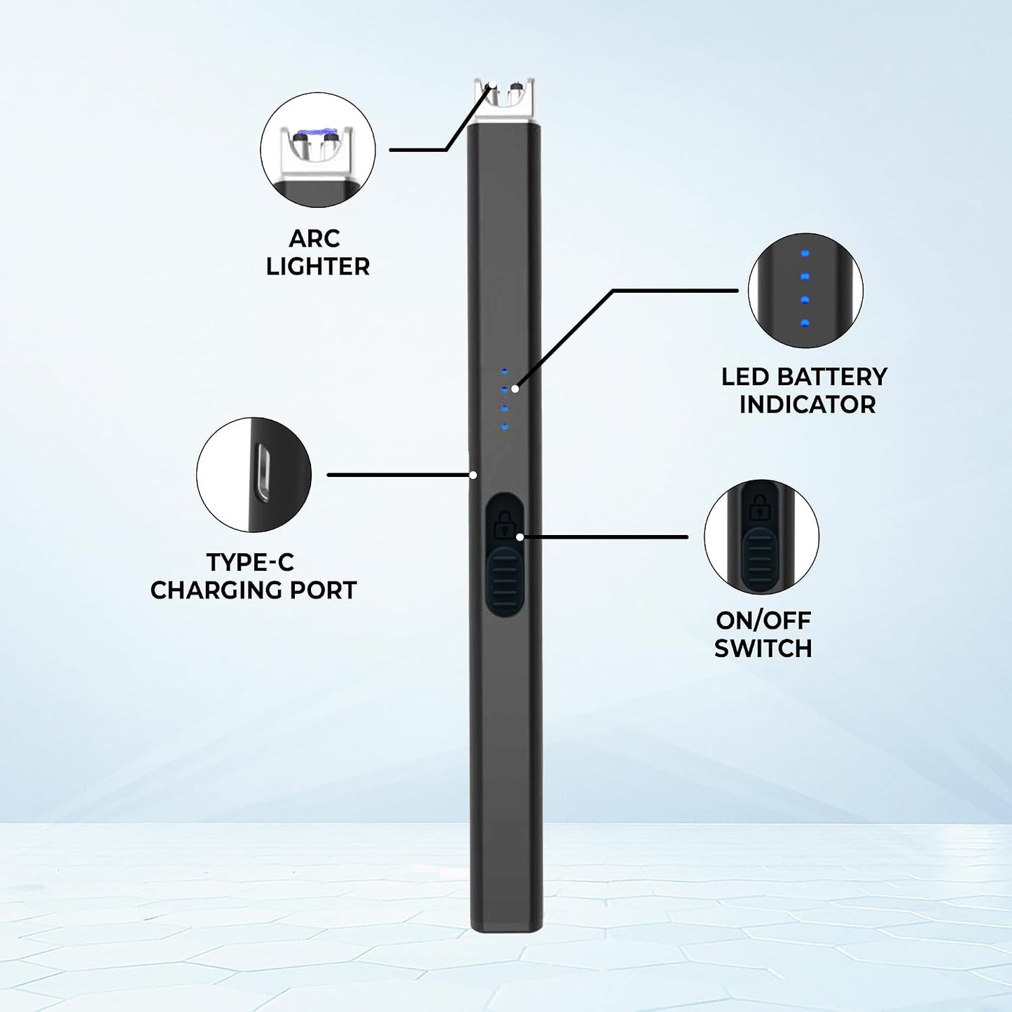 USB Rechargeable Candle Lighter,Plasma Arc Windproof Flameless Long Electric Lighter with Safety Switch,Led Battery Display,Used for BBQ Fireplace,Camping,Stove Kitchen (Black)