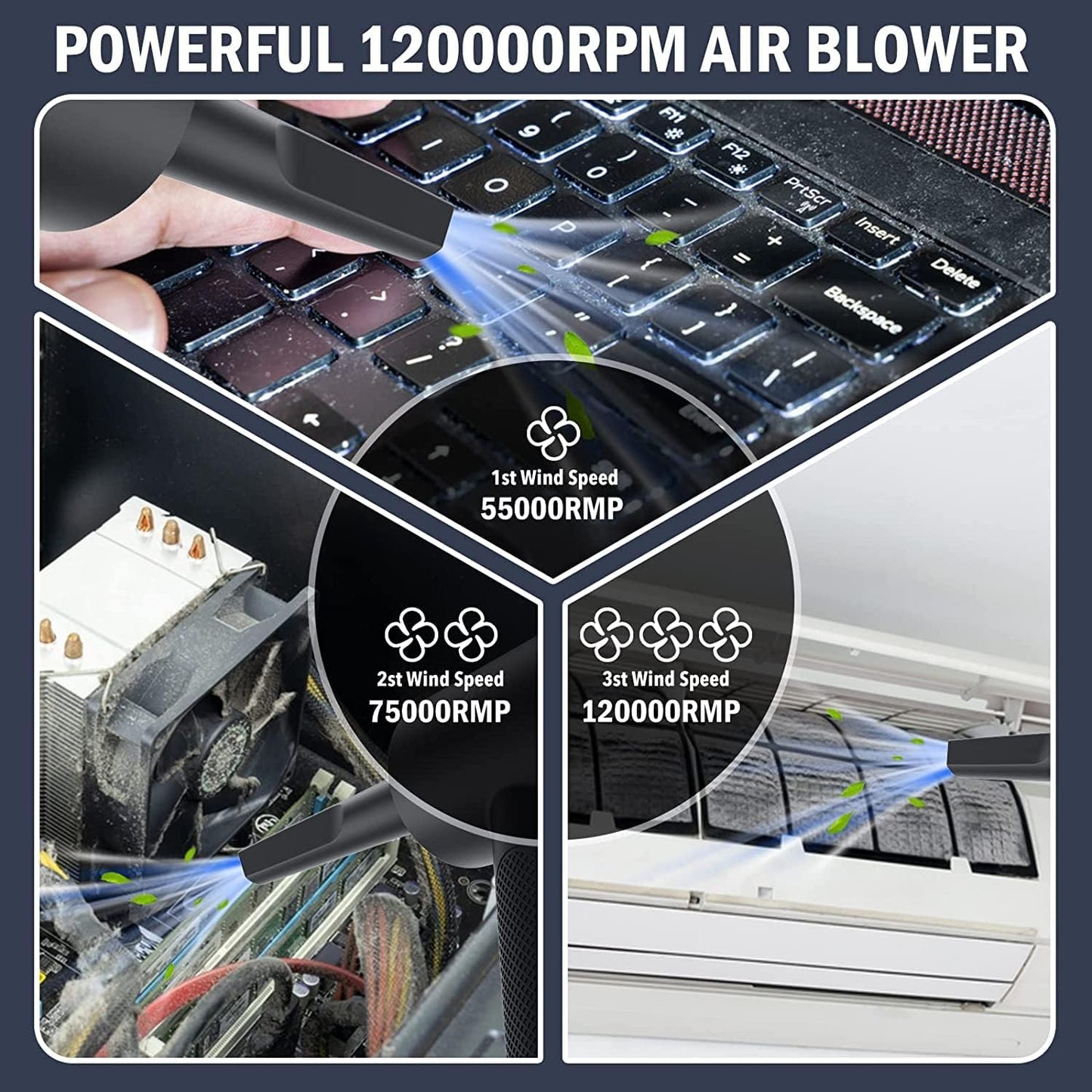 Compressed Air Duster,  2 in 1 120000RPM Cordless Air Duster with 7600Mah Battery Dust Blower for Keyboard Cleaner,Rechargeable Air Blower