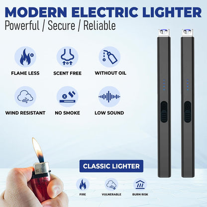USB Rechargeable Candle Lighter,Plasma Arc Windproof Flameless Long Electric Lighter with Safety Switch,Led Battery Display,Used for BBQ Fireplace,Camping,Stove Kitchen (Black)